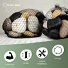 Two bags of decorative stones are shown in the foreground, with icons and text describing product features below. Produktbild-Vorschau