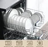 A dishwasher rack filled with white plates with black rims. Náhled obrázku produktu