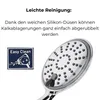A close-up of a shower head with text describing its easy cleaning feature. Produktbild-Vorschau