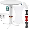 A white round folding bar table with a white hourglass-shaped cover, and swatches of black, red, and gray covers shown to the right. Produktbild-Vorschau