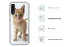 A phone case with a cat image and feature descriptions. Produktbild-Vorschau