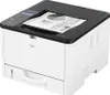A Ricoh P 311SE A4 mono laser printer is shown from a three-quarter angle on a white background. A sheet of paper with charts and text is partially inserted into the top output tray. Anteprima dell’immagine prodotto