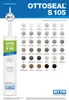 A product advertisement for OTTOSEAL S 105 sealant, showcasing the product tube and a wide range of available color samples. Produktbild-Vorschau