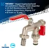 A close-up studio shot of a double water tap with red handles against a white background. Produktbild-Vorschau