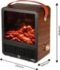 A freestanding electric fireplace with a realistic flame effect, shown from a three-quarter angle against a white background. Dimensions are indicated by arrows and text. Náhled obrázku produktu