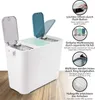 A white recycling bin with multiple compartments and lids, shown on a wooden floor. Text overlays describe its features. Náhľad obrázku produktu