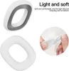 A collage of product images showing white earbud covers and a close-up of a hand squeezing the material. Podgląd zdjęcia produktu