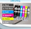 A collection of ink cartridges with labels indicating their color and quantity, presented alongside text labels listing the contents of a package. Produktbild-Vorschau