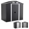A dark gray metal shed with white trim and double doors, shown from a three-quarter angle. Two smaller images of the shed are shown in the bottom right corner.