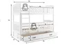 A white wooden bunk bed with a pull-out drawer, shown with dimensions and weight limits indicated by graphics. Produktbild-Vorschau