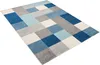 A rectangular rug with a geometric pattern of blue, gray, and cream colored squares and rectangles, laid out on a white background. Náhled obrázku produktu