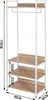 A white and wood-colored garment rack with shelves, shown against a white background with dimensions indicated by text overlays. Náhľad obrázku produktu