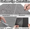 A collage of four images demonstrating the features of PVC flooring, including water resistance, scratch resistance, ease of cutting, and installation. Produktbild-Vorschau