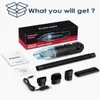 A flat lay of a handheld vacuum cleaner and its accessories, along with its packaging and a manual. Produktbild-Vorschau