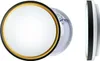 Three views of a round LED ceiling light with a black and gold trim. Produktbild-Vorschau