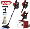A collage of a cordless vacuum cleaner, its accessories, a cat, and product packaging. Voir les images du produit