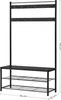 A black metal and wood coat rack with a bench and shoe shelves, shown against a white background with dimensions indicated. Produktbild-Vorschau