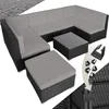 A modular rattan lounge set with grey cushions and a coffee table, along with some connecting clips. Náhled obrázku produktu