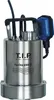 A stainless steel submersible pump with a blue float switch and a black handle. Produktbild-Vorschau