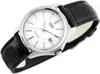 A close-up studio shot of a men's wristwatch with a white face and a black leather strap. Podgląd zdjęcia produktu
