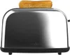 A close-up front view of a stainless steel toaster with a slice of toast in it, set against a white background. Produktbild-Vorschau