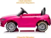 Side view of a pink toy electric car with text overlays highlighting features. Produktbild-Vorschau