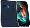 A dark blue flip case for a smartphone is shown open, with a credit card inserted into a slot on the left side. The smartphone screen displays a colorful abstract image. Produktbild-Vorschau