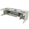 A modern TV stand with multiple compartments and a glass top, shown from a diagonal angle with some doors and drawers open. Anteprima dell’immagine prodotto