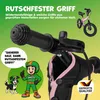 A marketing image for a children's balance bike, highlighting its grip and quality. Produktbild-Vorschau