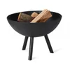 A black metal fire bowl with three legs, filled with firewood, on a white background. Produktbild-Vorschau