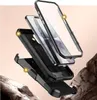 An exploded view of a phone case with a phone inside, set against a rocky and gradient background. Produktbild-Vorschau