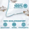A close-up of a white pillow with teal trim, featuring marketing text and icons highlighting product features. Produktbild-Vorschau