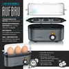 An exploded view and a close-up of an egg cooker, with descriptive text and certifications. Produktbild-Vorschau