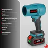 A teal and black cordless leaf blower with a battery pack is shown against a light gray background, with a panel on the left displaying product specifications. Voir les images du produit
