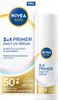 A product shot of Nivea Sun 2in1 Primer Daily UV Serum Lsf50+ packaging and bottle. Produktbild-Vorschau