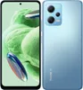 A light blue Xiaomi Redmi Note 12 smartphone is shown from the front and back, with a light green, textured background. Produktbild-Vorschau