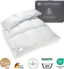 A white down comforter is displayed on a white background, with a dark grey storage bag and various certification logos visible. Produktbild-Vorschau
