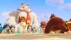 A group of Rabbids characters and a large white creature wearing a tie are on a beach, facing Donkey Kong. Náhled obrázku produktu