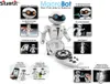 A marketing image showcasing the Silverlit MacroBot robot with various features highlighted through text and smaller inset images. Podgląd zdjęcia produktu