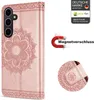 A product image showcasing a rose gold phone case with a mandala design, along with marketing elements like a magnet icon and brand logos. Produktbild-Vorschau