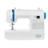 A white sewing machine with blue accents, shown from the front. Produktbild-Vorschau