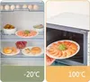 The image is a collage showing food items in a refrigerator on the left and food items being microwaved on the right, demonstrating the use of disposable food packaging at different temperatures. Náhled obrázku produktu