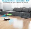 A robot vacuum cleaner is shown navigating a living room, with a sofa in the background and a grid overlay indicating its mapping and obstacle detection capabilities. Produktbild-Vorschau
