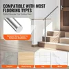 A handrail for outdoor stairs is shown, with text highlighting its compatibility with various flooring types and its brushed silver finish. Below, samples of concrete, wood flooring, tiles, and marble are displayed. Podgląd zdjęcia produktu