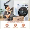 A woman is doing laundry next to a washing machine, with icons and text below indicating product features. Produktbild-Vorschau