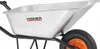 A close-up side view of a silver wheelbarrow with a black frame and an orange wheel, set against a white background. Podgląd zdjęcia produktu