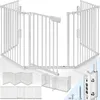 A white metal baby gate is shown in a semi-circular configuration, with additional smaller panels and hardware displayed below. Náhľad obrázku produktu