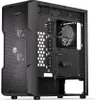 A black computer tower case shown from a three-quarter rear view, with the side panel removed to reveal the internal components and fan. Produktbild-Vorschau