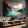A modern living room with a large painting above a wooden media console. Podgląd zdjęcia produktu