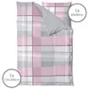 A folded duvet cover and pillowcase set with a pink, gray, and white plaid pattern, displayed on a white background. Two circular overlays indicate product dimensions. Produktbild-Vorschau
